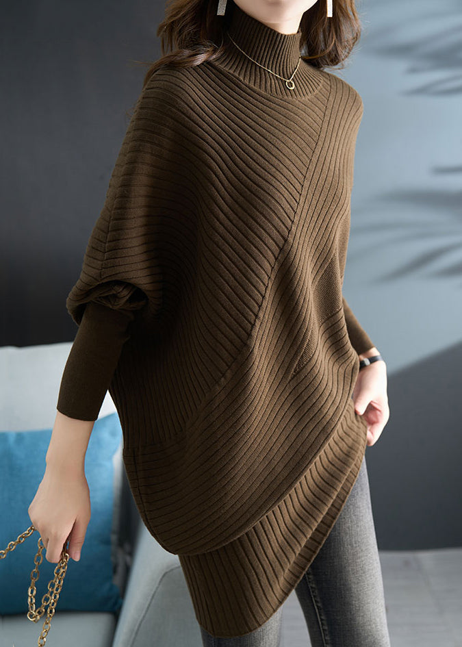 Coffee Half Hign Neck Knit Sweaters Batwing Sleeve