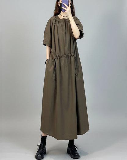 Coffee O-neck Drawstring Cotton Dresses Summer
