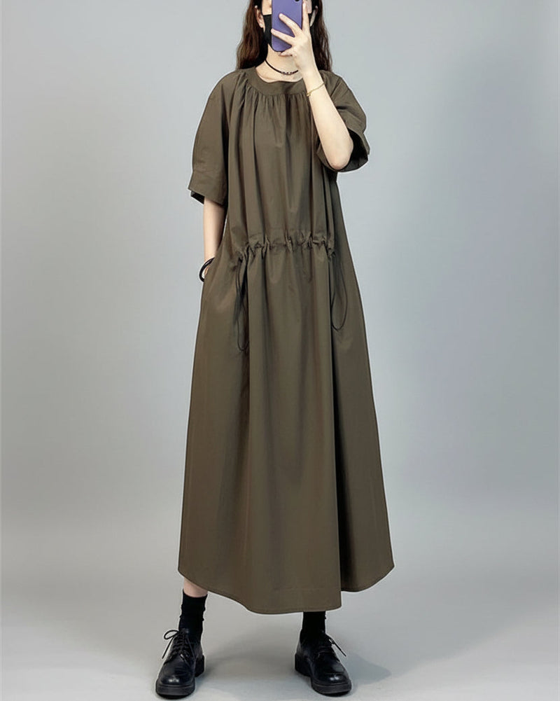Coffee O-neck Drawstring Cotton Dresses Summer