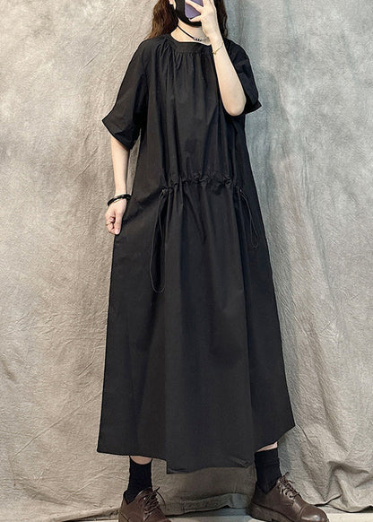 Coffee O-neck Drawstring Cotton Dresses Summer
