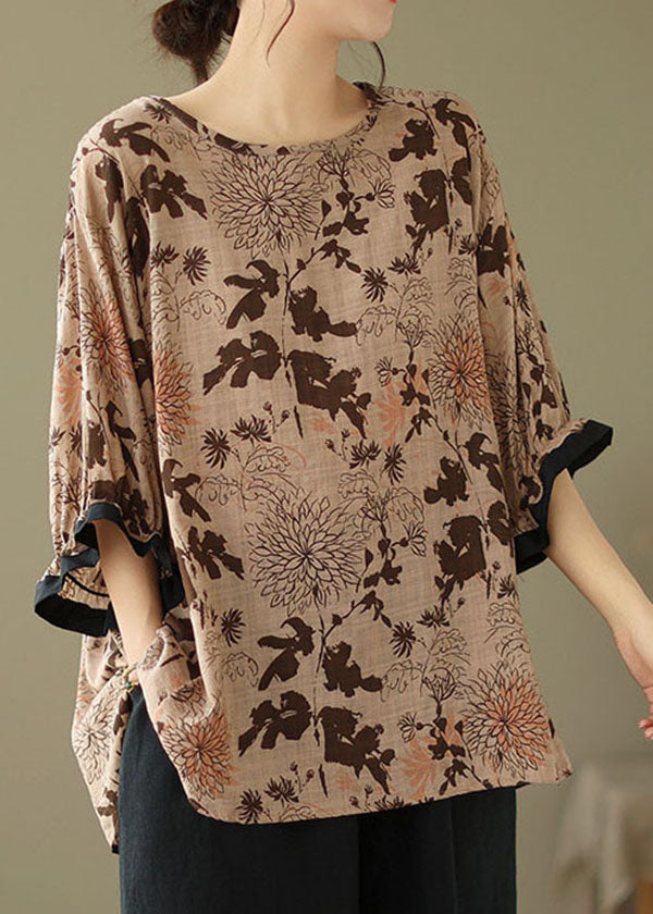 Coffee O Neck Print Patchwork Cotton Top Summer