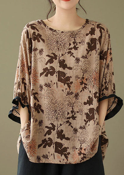 Coffee O Neck Print Patchwork Cotton Top Summer