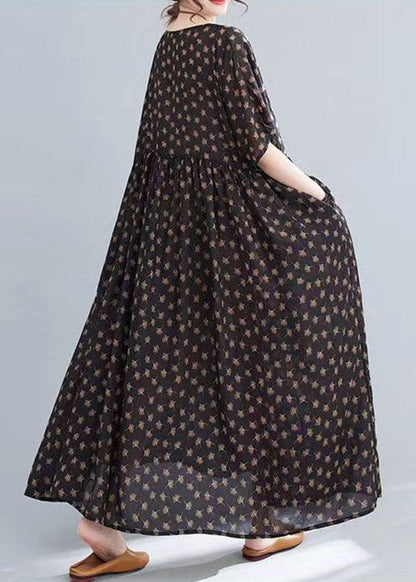 Coffee O Neck Print Wrinkled Patchwork Cotton Long Dresses Summer