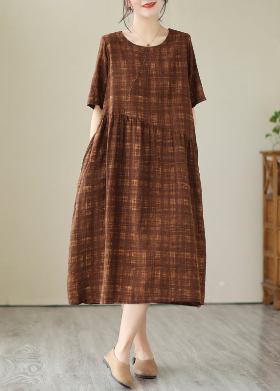 Coffee Oversized Plaid Linen Holiday Dress Summer