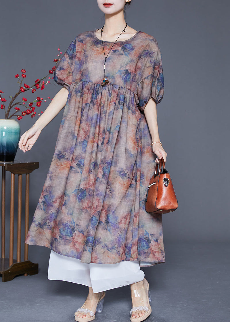 Coffee Oversized Print Linen Maxi Dress Summer