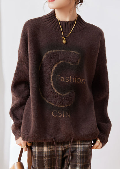 Coffee Turtleneck Alphabet Print Thick Cotton Knit Sweaters Long Sleeve
