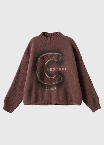 Coffee Turtleneck Alphabet Print Thick Cotton Knit Sweaters Long Sleeve