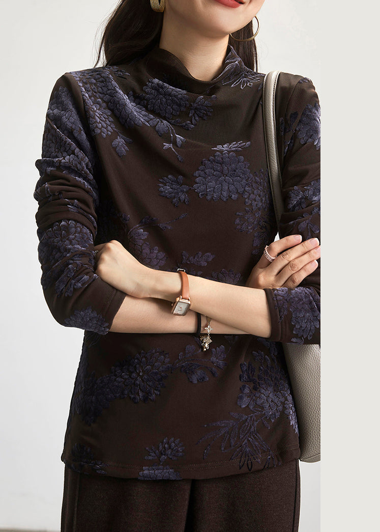 Coffee Turtleneck Patchwork Warm Fleece Blouses Spring