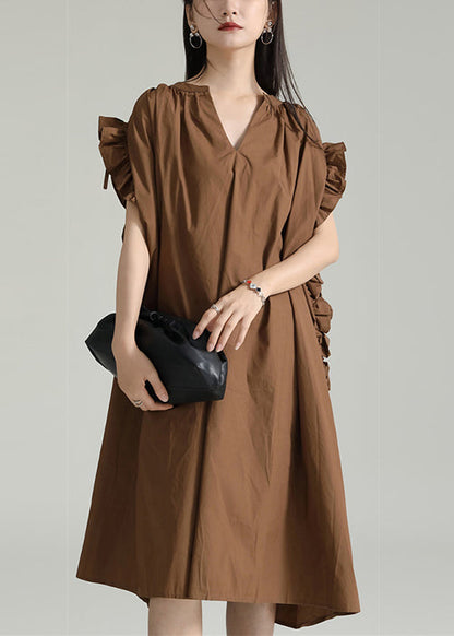 Coffee V Neck Ruffled Drawstring Patchwork Cotton Dresses Summer