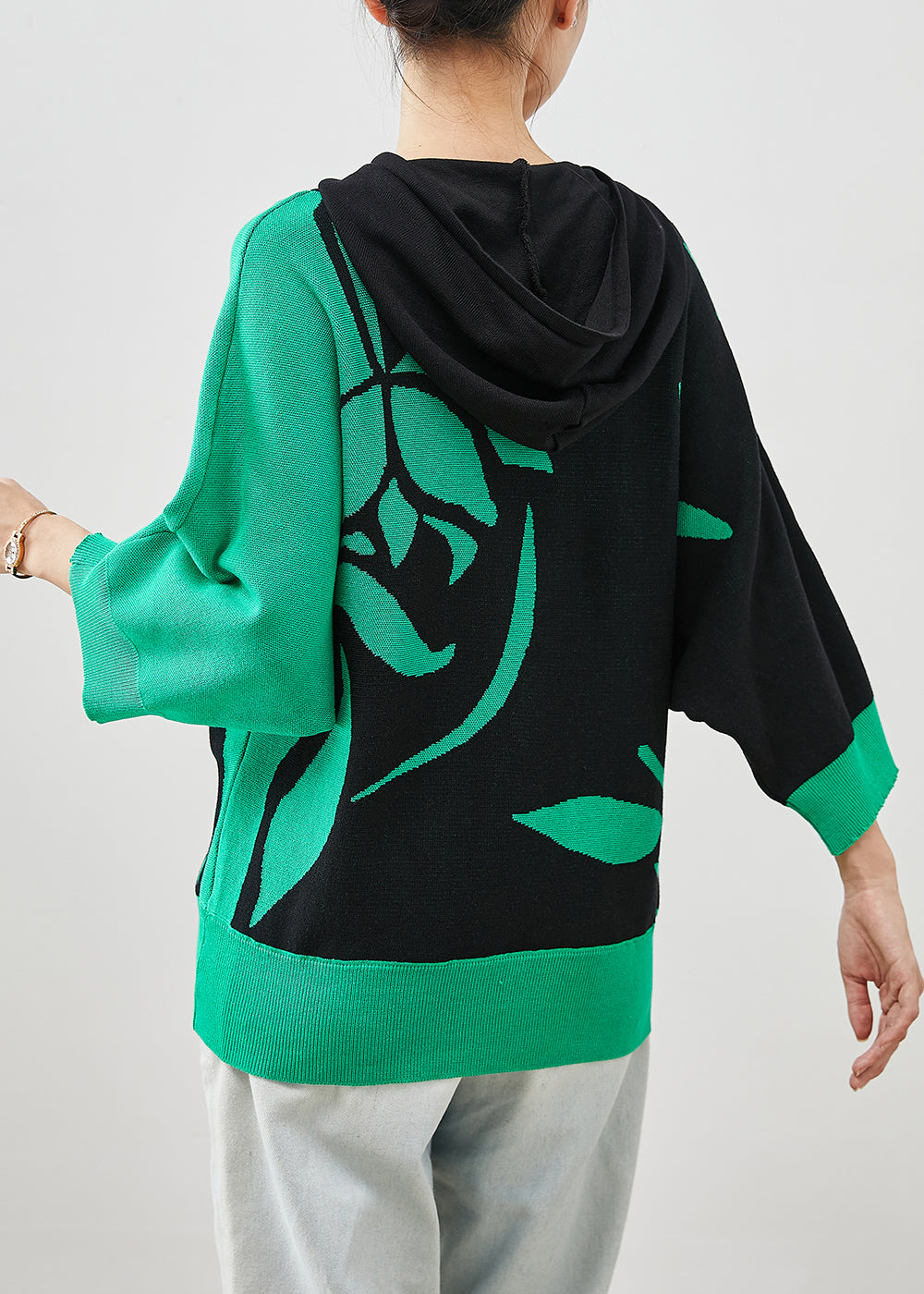 Colorblock Hooded Print Knit Pullover Sweatshirt Spring