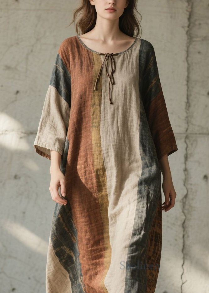 Colorblock O Neck Cotton Long Dress Summer