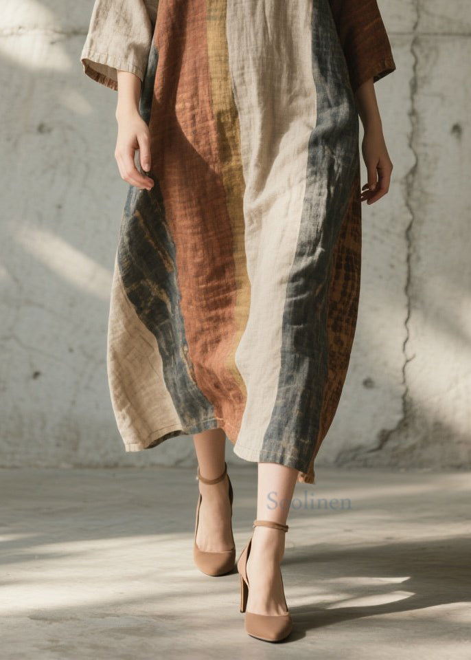 Colorblock O Neck Cotton Long Dress Summer