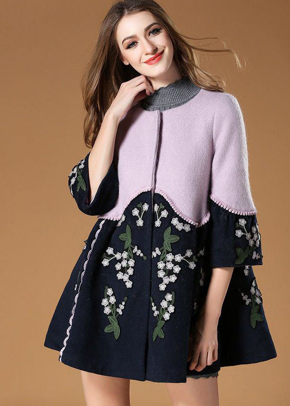 Colorblock O-neck Embroideried Patchwork Woolen Trench Spring