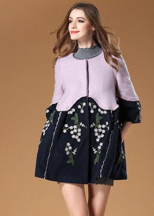 Colorblock O-neck Embroideried Patchwork Woolen Trench Spring