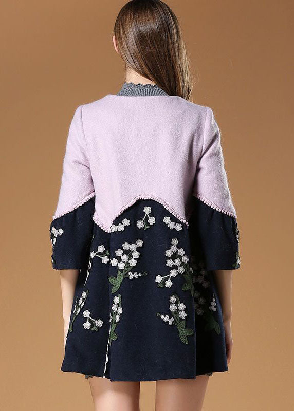 Colorblock O-neck Embroideried Patchwork Woolen Trench Spring