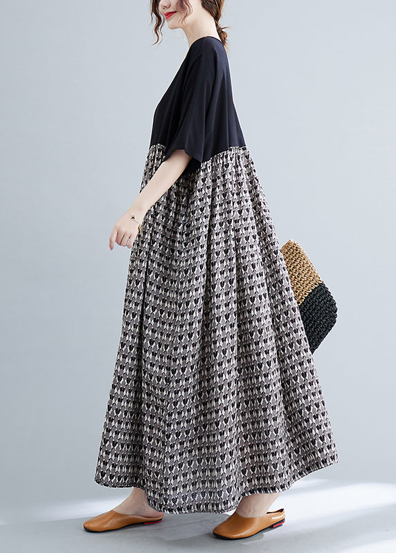 Colorblock O-neck Print Patchwork Vacation Dresses Short Sleeve