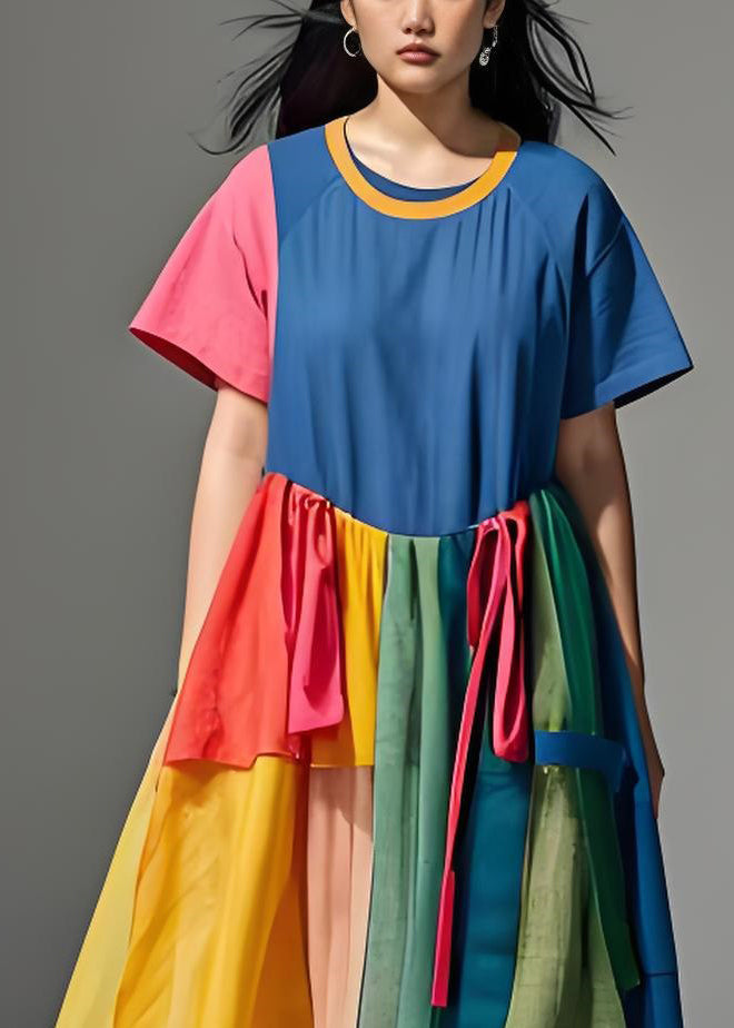 Colorblock O Neck Wrinkled Patchwork Cotton Dresses Summer