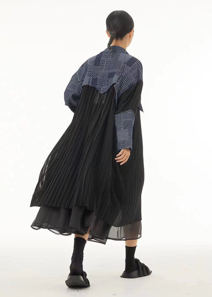 Colorblock Oversized Denim Patchwork Wrinkled Chiffon Shirt Dresses Spring