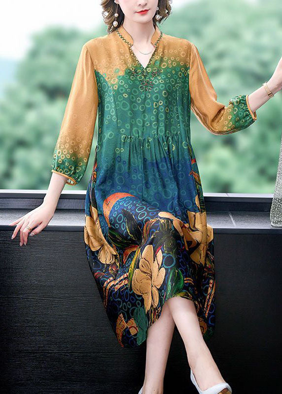 Colorblock Print Wrinkled Silk a Line Dresses Bracelet Sleeve