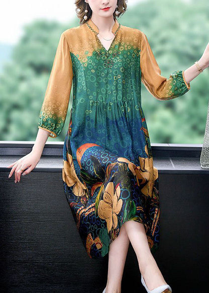 Colorblock Print Wrinkled Silk a Line Dresses Bracelet Sleeve
