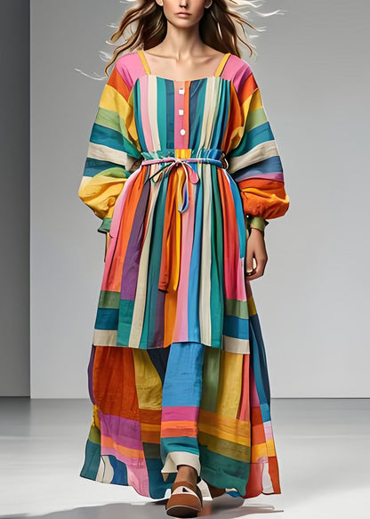 Colorblock Square Collar Tie Waist Patchwork Cotton Dress Long Sleeve