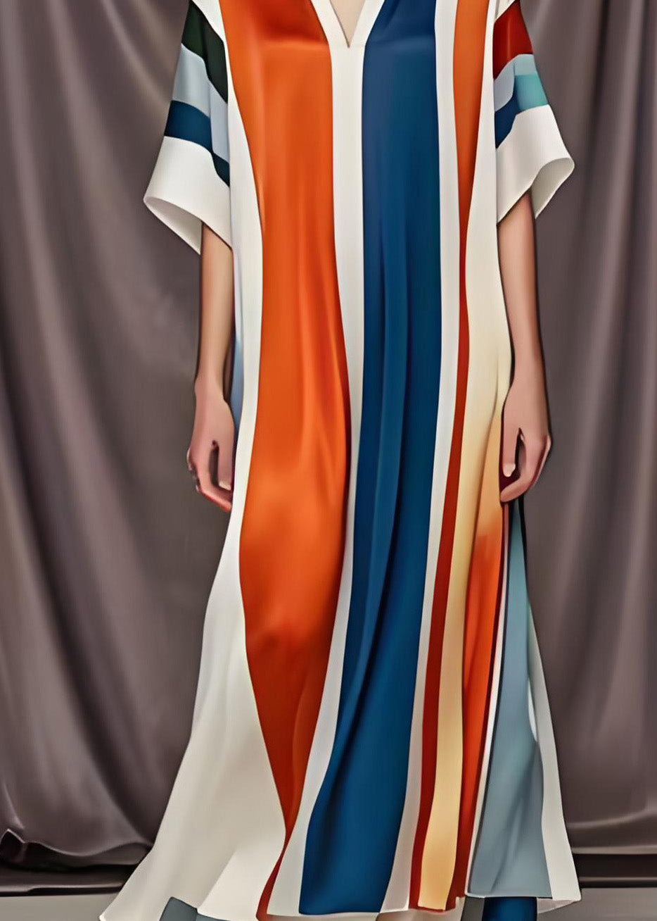 Colorblock V Neck Patchwork Silk Maxi Dress Summer