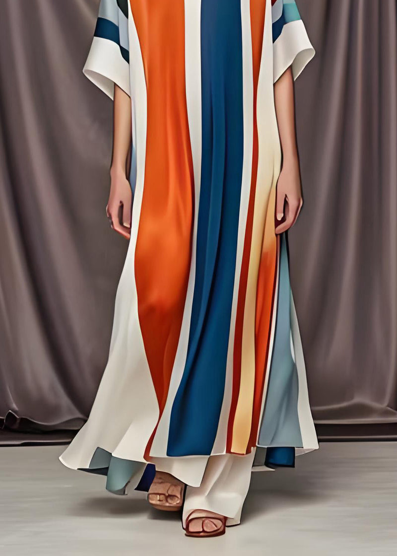 Colorblock V Neck Patchwork Silk Maxi Dress Summer