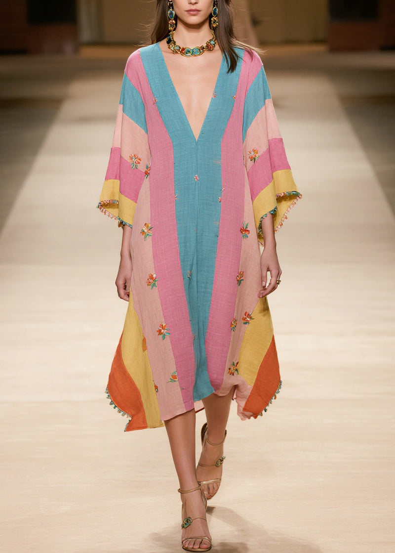 Colorblock V Neck Print Cotton Dress Summer