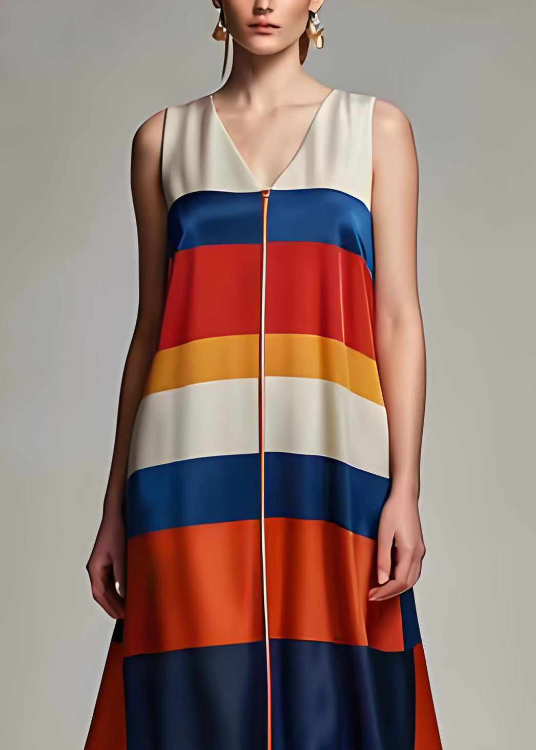 Colorblock V Neck Striped Silk Dresses Sleeveless