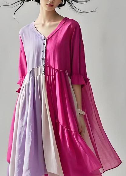 Colorblock V Neck Wrinkled Patchwork Cotton Dresses Summer