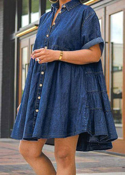 Dark Blue Peter Pan Collar Patchwork Mid Dresses Short Sleeve