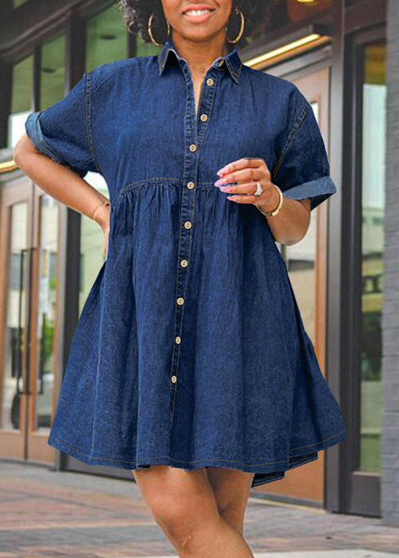 Dark Blue Peter Pan Collar Patchwork Mid Dresses Short Sleeve