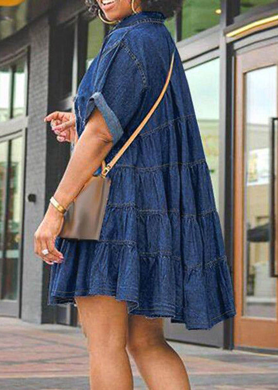 Dark Blue Peter Pan Collar Patchwork Mid Dresses Short Sleeve