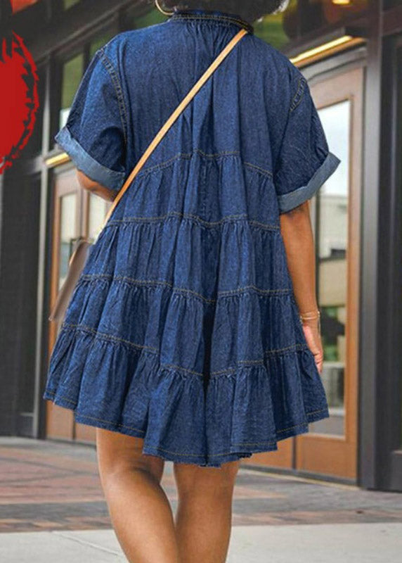 Dark Blue Peter Pan Collar Patchwork Mid Dresses Short Sleeve
