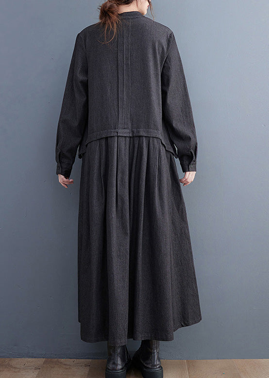 Denim Black Stand Collar Patchwork Wrinkled Button Ankle Shirts Dress Long Sleeve