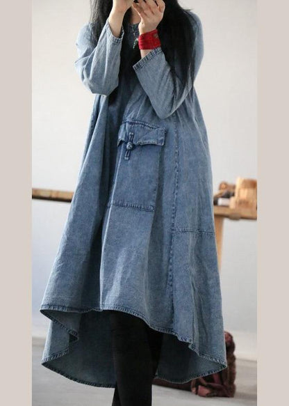 Denim Blue U Neck Dress Large Hem Spring Mid Dress