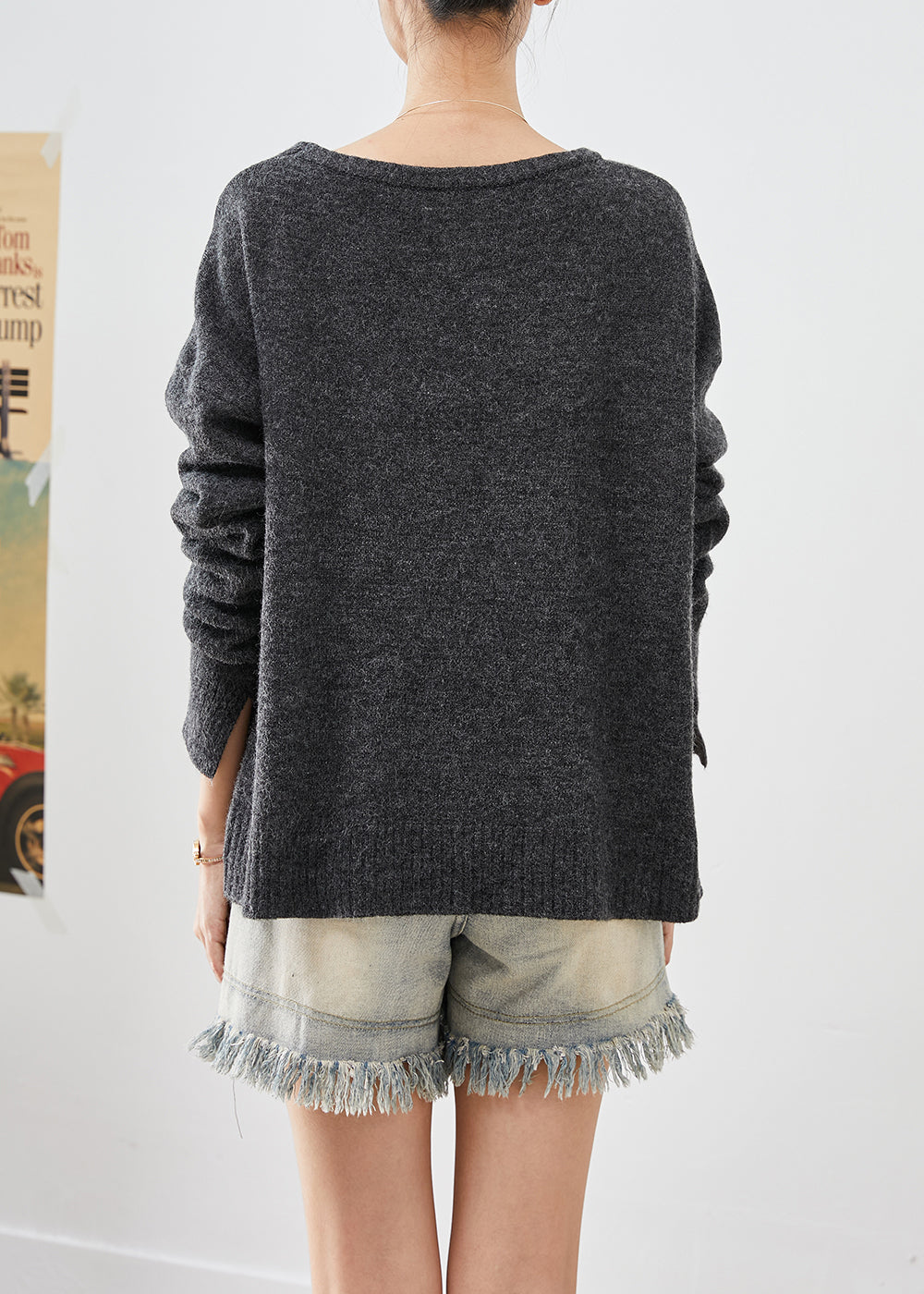 Dull Grey Asymmetrical Patchwork Button Knit Pullover Fall