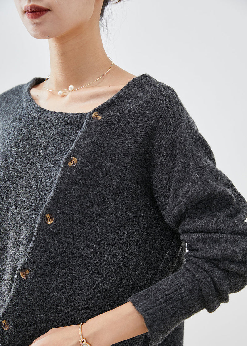 Dull Grey Asymmetrical Patchwork Button Knit Pullover Fall