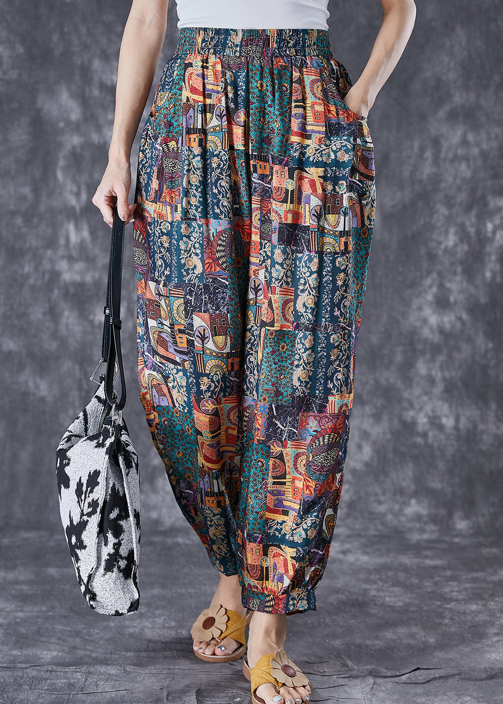 Elastic Waist Print Pockets Cotton Pants Summer