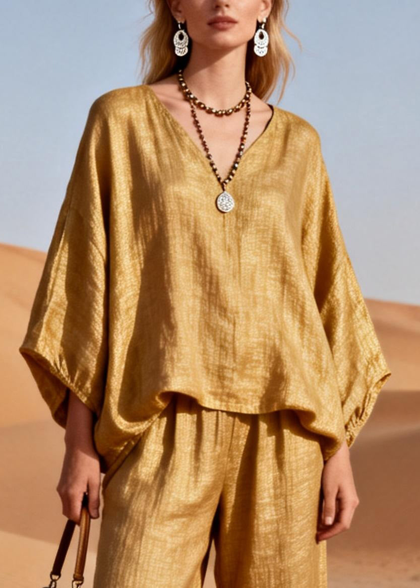 Gold V Neck Sequins Patchwork Oversized Linen Two Piece Set Spring