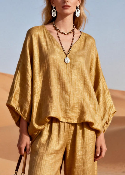 Gold V Neck Sequins Patchwork Oversized Linen Two Piece Set Spring