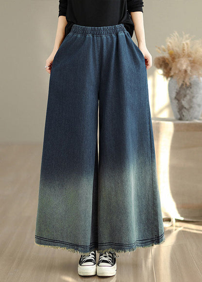 Gradient Blue Pockets Denim Wide Leg Pants Spring