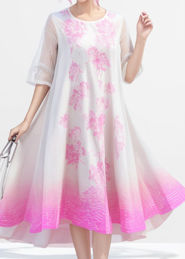 Gradient Color O Neck Print Silk Dress Summer