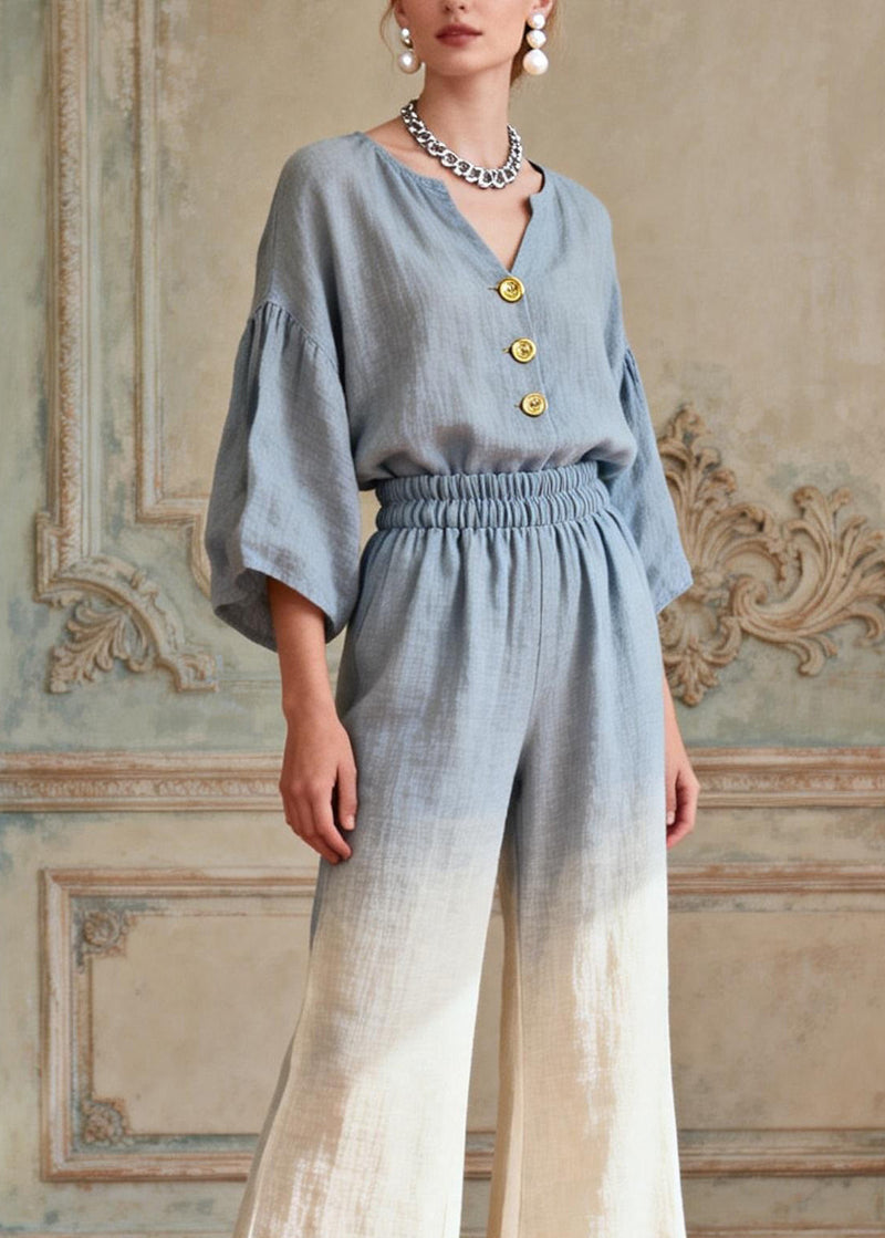 Gradient Color V Neck Patchwork Linen Two Pieces Set Summer