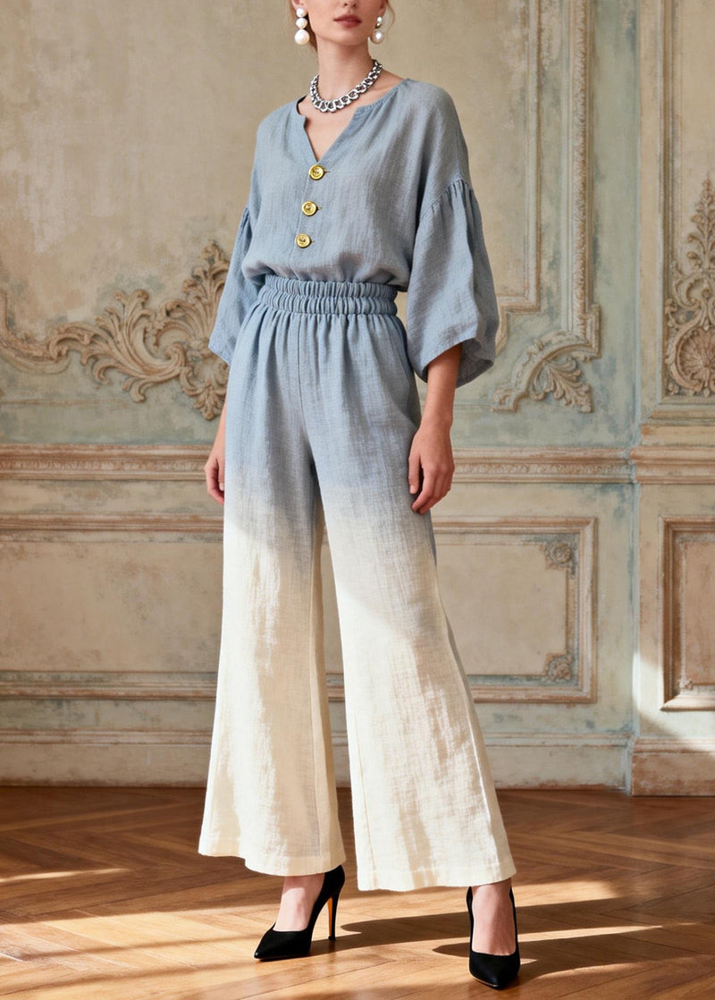 Gradient Color V Neck Patchwork Linen Two Pieces Set Summer