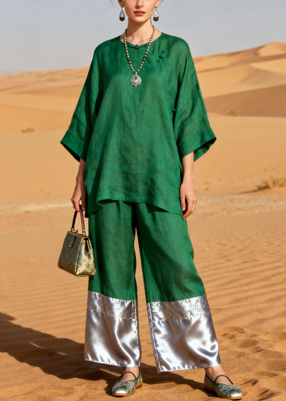 Green Chinese Button Patchwork Linen Two Pieces Set