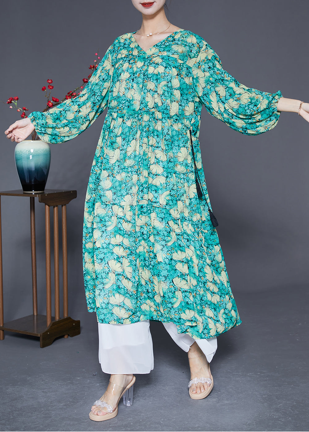 Green Cinched Print Chiffon Maxi Dresses Lantern Sleeve