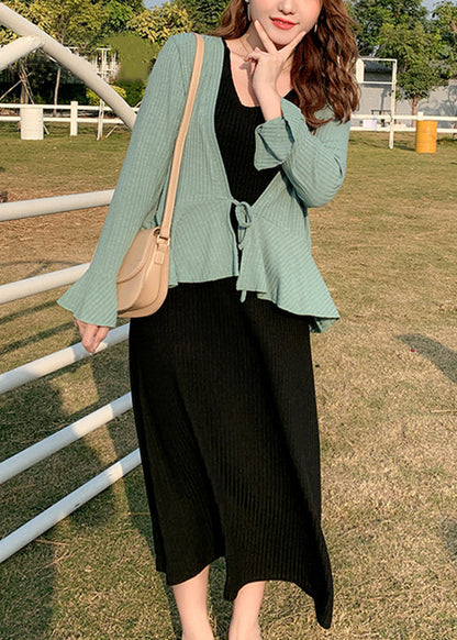 Green Lace Up Patchwork Knit 2 Piece Outfit Flare Sleeve
