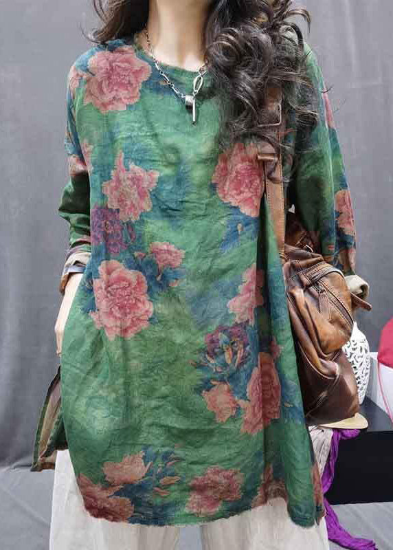 Green O-neck Patchwork Linen Shirts Fall
