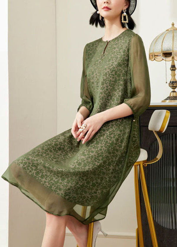 Green O-neck Print Chiffon a Line Dress Half Sleeve